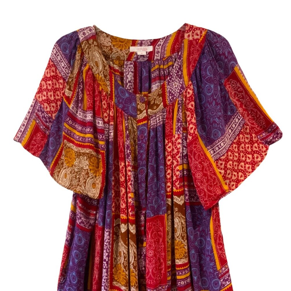Go Softly Patio Womens Boho Midi Dress Size Medium Multicolor Patchwork Rayon